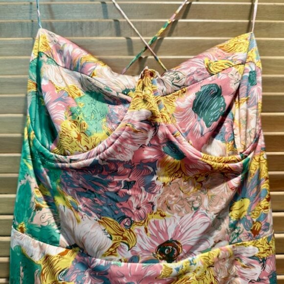 NWT Gala Bustier Cross Strap Midi Dress Color: Coral yellow floral Size XL - Picture 7 of 12